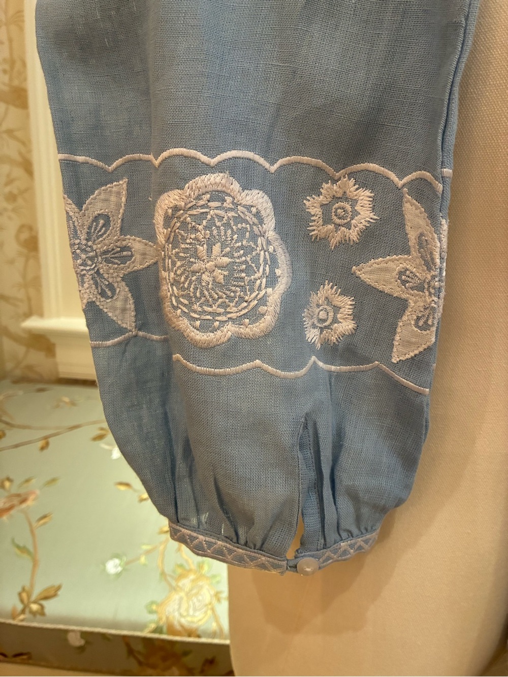 ASHA by Ashley McCormick Light Blue Embroidered Mini Dress w/ White Floral Trim - Picture 5 of 9